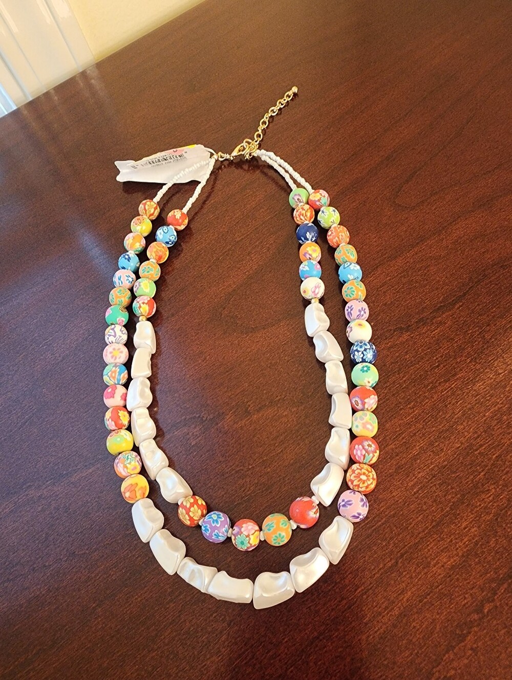 Multi-Color Floral Bead & Pearl-Effect Double Strand Necklace